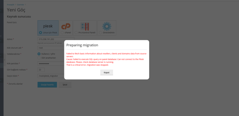 Cause: Failed to execute SQL query on panel database hatası
