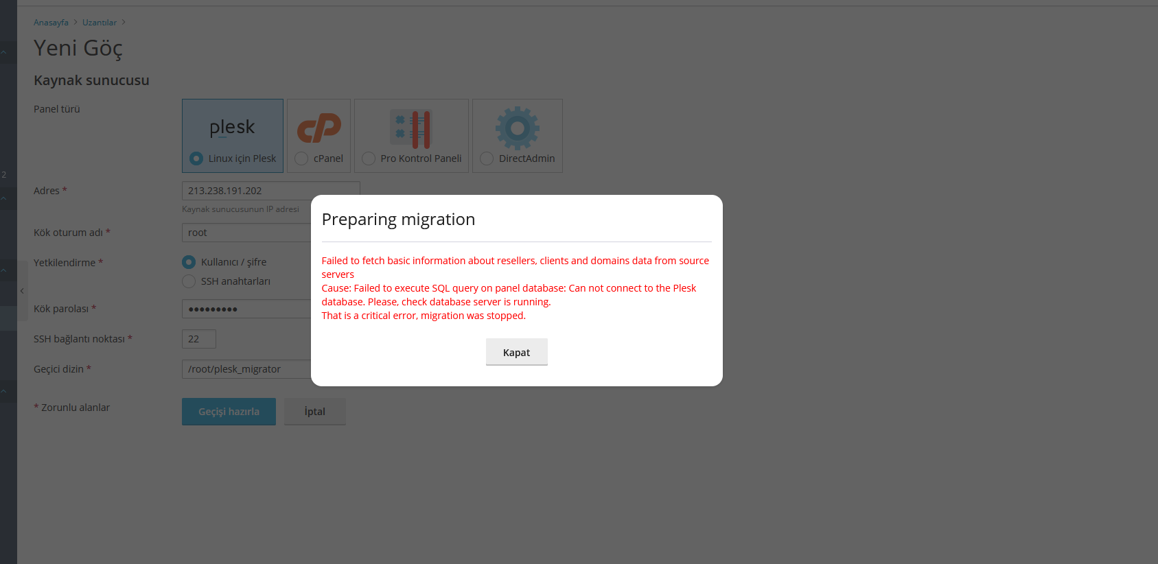 Cause: Failed to execute SQL query on panel database hatası - GİRGİN